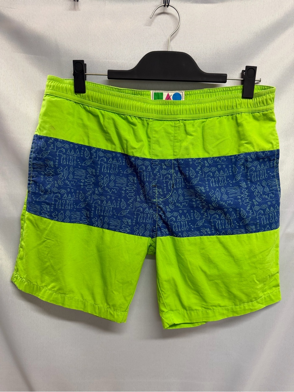 Vintage 90s Men's Lime Green Swim Shorts Navy Graphic Stripe Cotton Medium
